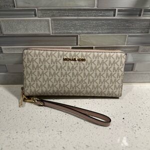 Michael Kors Monogram Wristlet in Cream and Gold